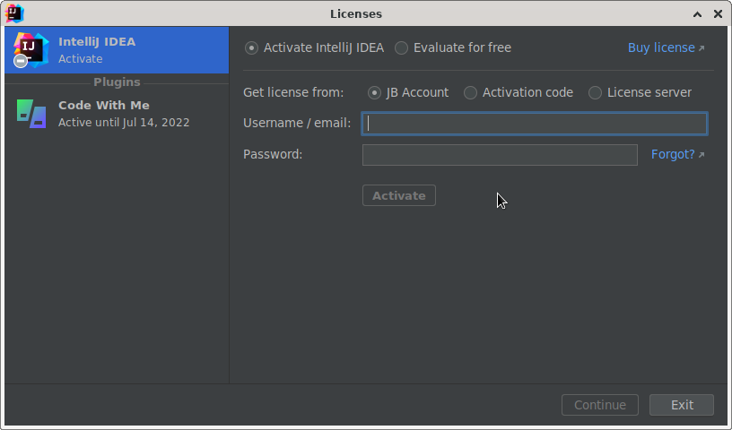 Activating the JetBrains license.