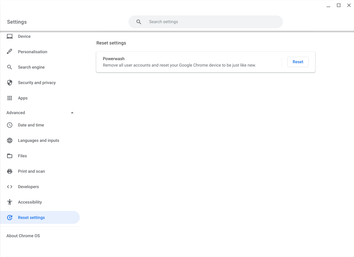 Screenshot of Powerwashing a Chromebook