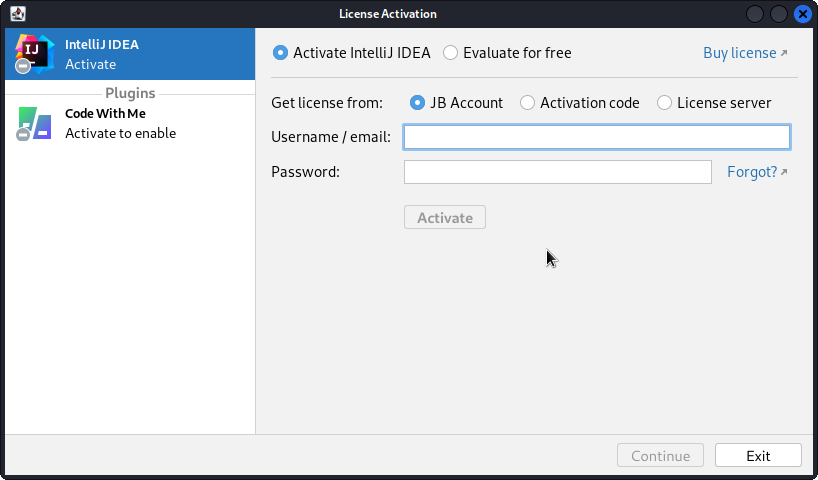 Activating the JetBrains license.