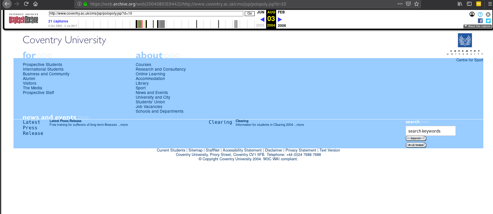 Wayback Machine for Coventry University 2004
