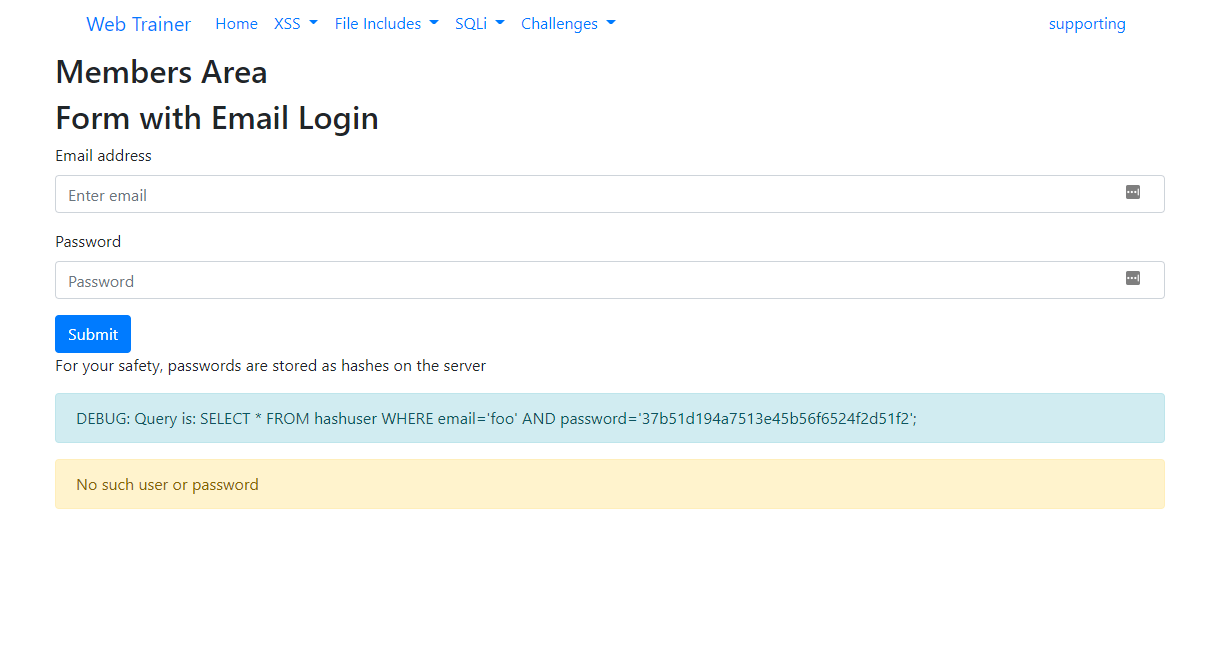 Login with junk credentials